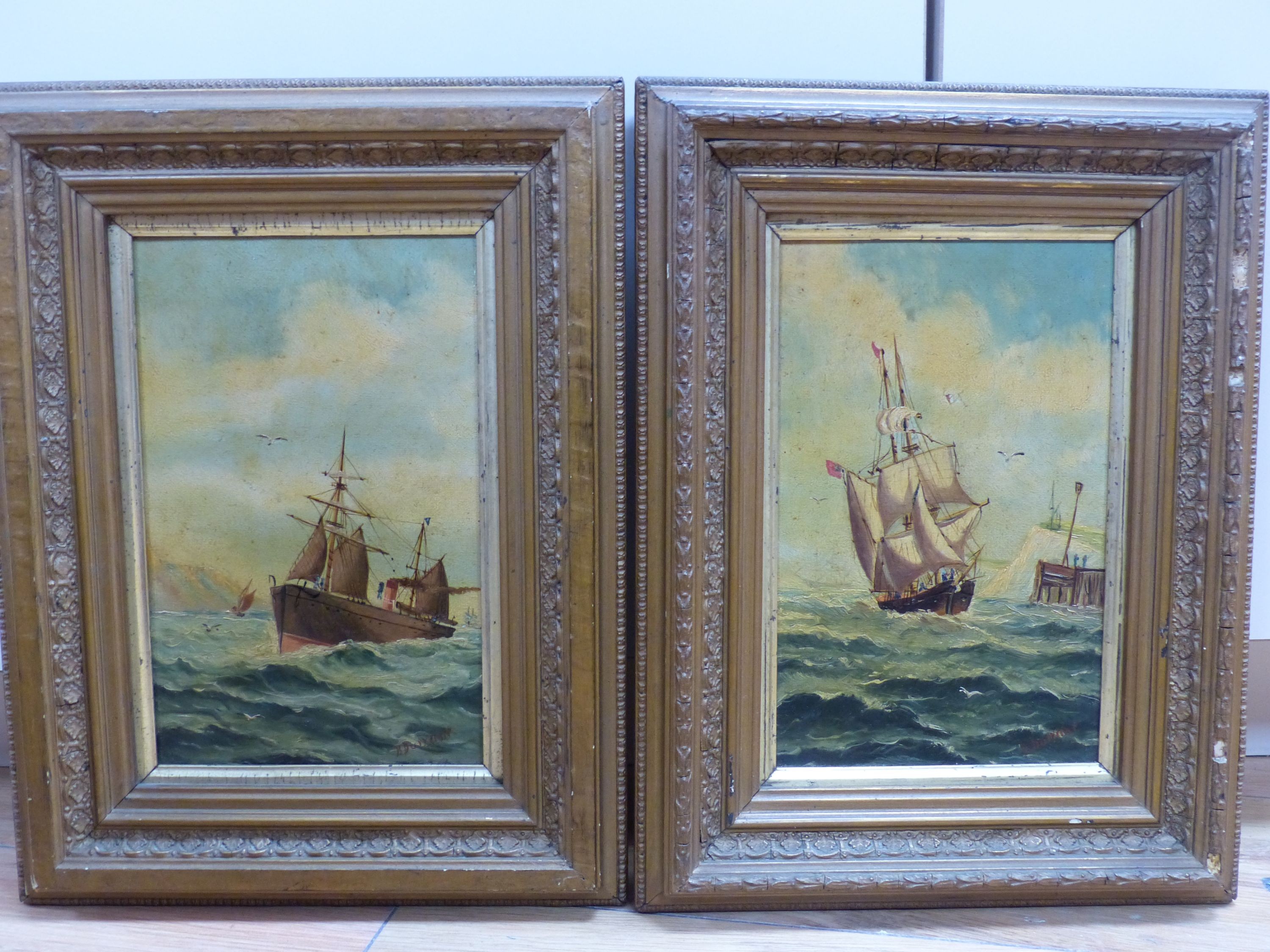 B. Durrant, pair of oils on canvas, Sailing and steamships at sea, signed, 21 x 13cm